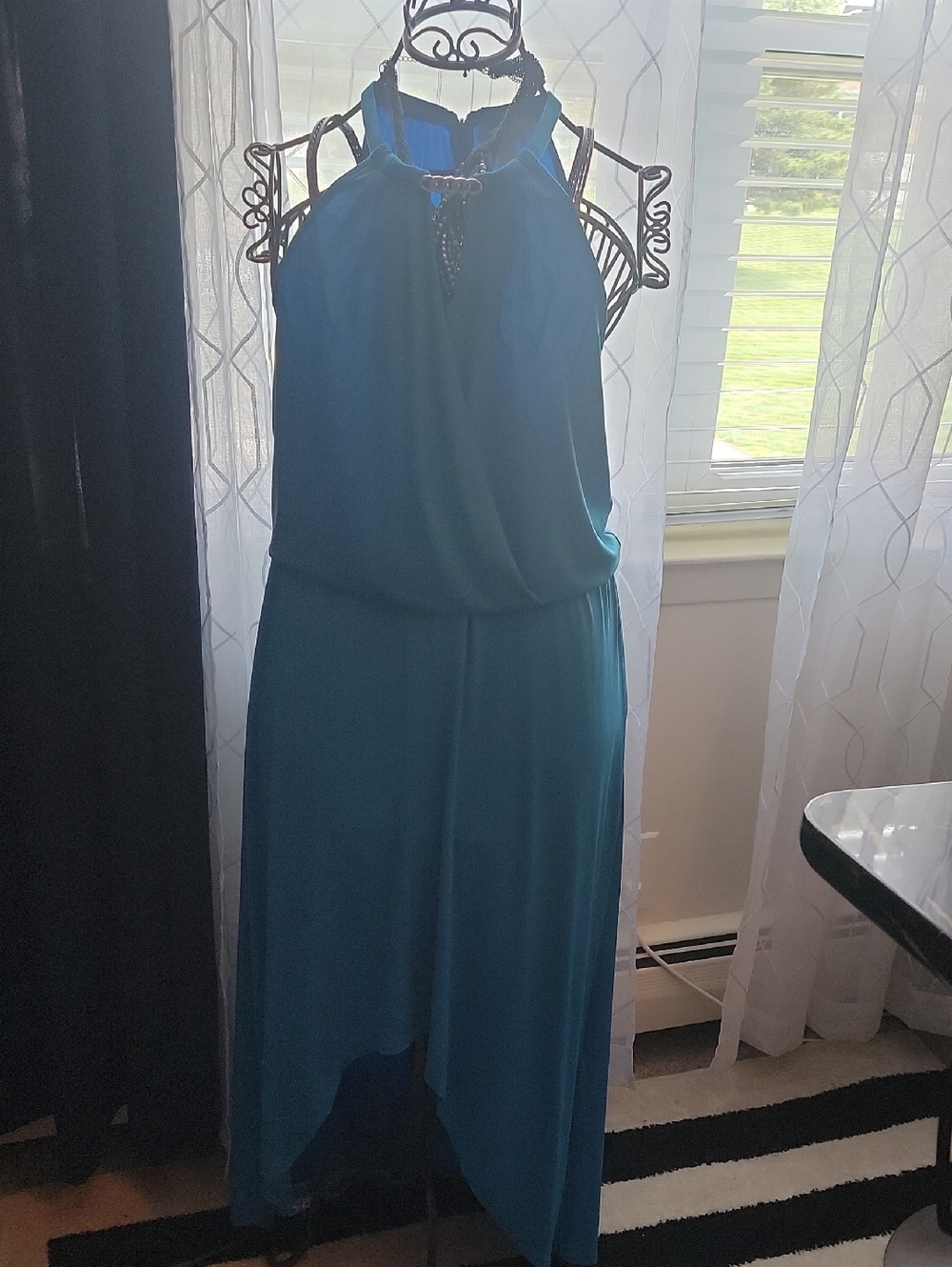 Blue Halter Midi Dress with Beaded Neckline